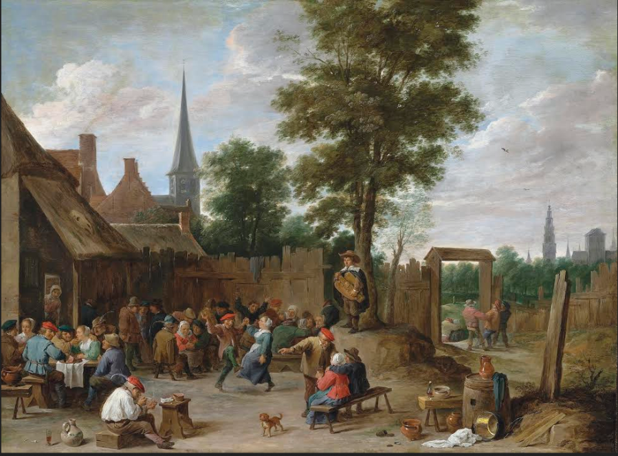 David Teniers the Younger  – A village inn with peasants dancing and merry making to the music of a hurdy-gurdy