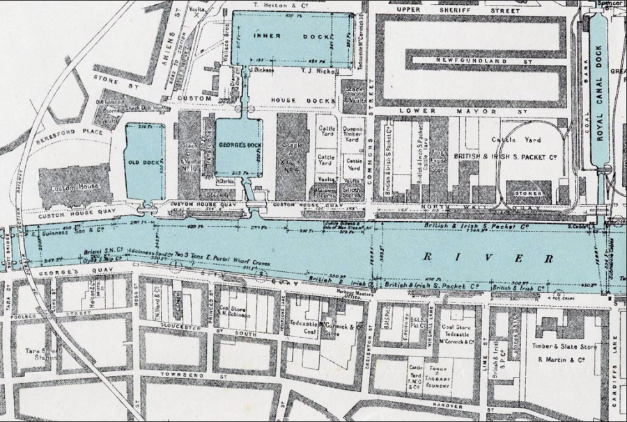 Map w Grnd Canal docks, georges doc Tongue and taggart Foundry, Guniness and brit &amp; irish Steamshoip Co etc