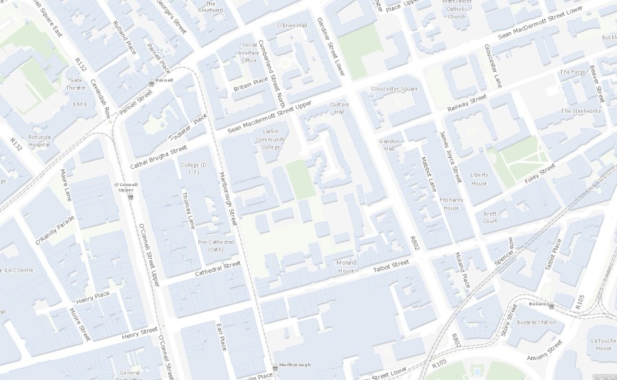 O'Connell St, Malborough St Talbot St area in the poresent day, from a modren OS map, courtesy OSI